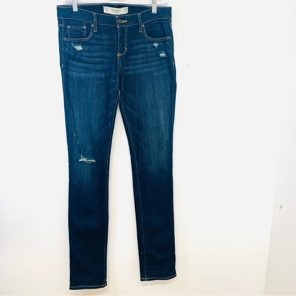 Abercrombie & Fitch Jeans Woman 6 Long ‎ Skinny Blue Dark Fade Distress Low Rise - Picture 1 of 12